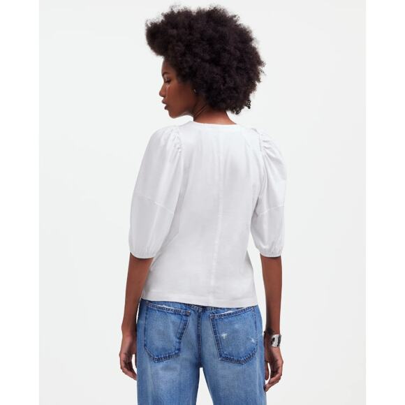 Madewell Puff-Sleeve Tee S White Crewneck Cotton Jersey Relaxed Fit Ruffle Trim - Picture 3 of 8